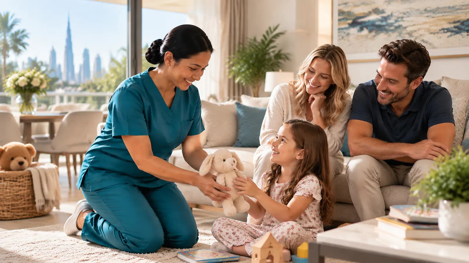 A caregiver hands a soft toy to a smiling girl while her parents watch from the sofa